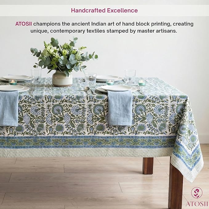 ATOSII Clover Blue 100% Cotton Rectangle Spring Tablecloth, Handblock Floral Linen Table Cloth for Kitchen Dining Table I Parties Weddings Outdoors Easter Home Decor 72 X 120 Inches I 10 Seater