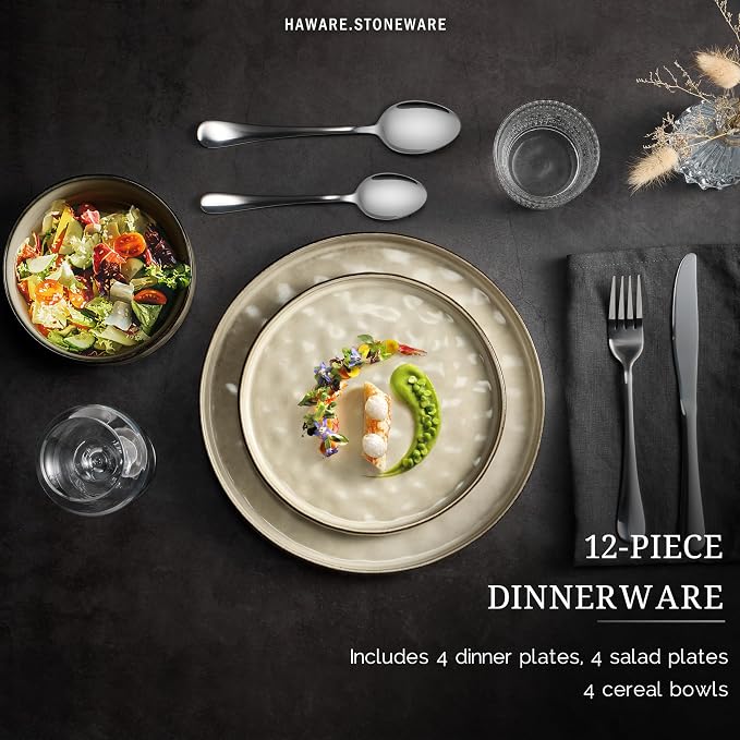 HaWare Dinnerware Sets, 12-Piece Plates and Bowls Set, Saturn Khaki | Stoneware - Image 3
