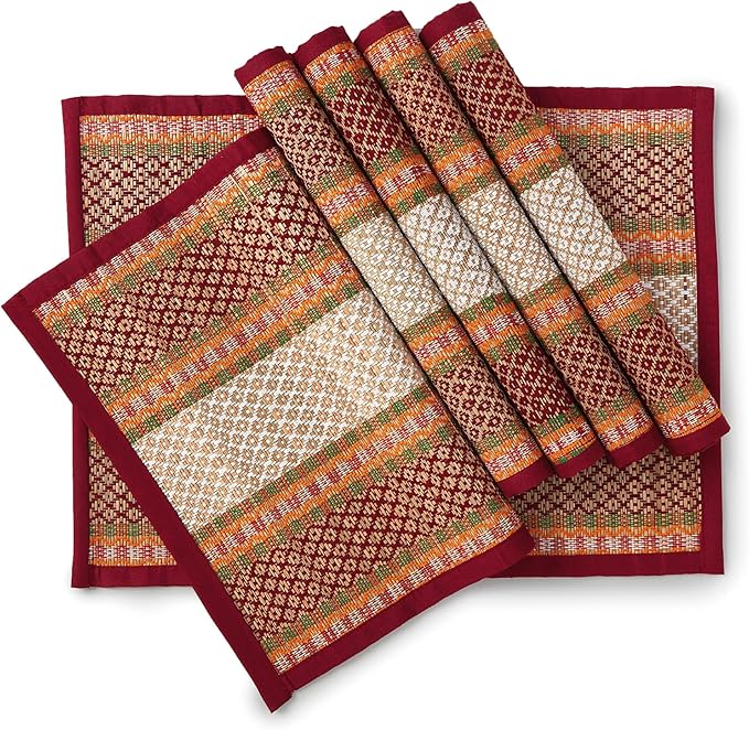 Encasa XO Woven Red Placemats Set of 4 – 12" x 17" | Handwoven Madurkathi Grass Table mats for Dining Table, Kitchen & Outdoor Decor | Durable & Heat‑Resistant