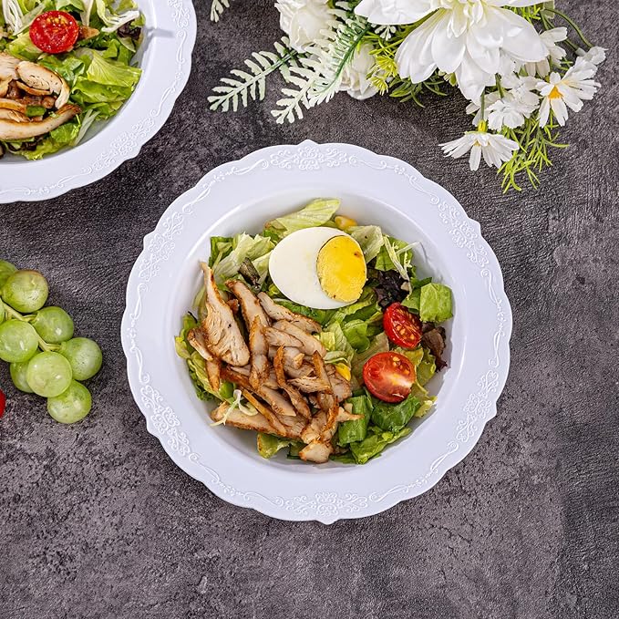 DaYammi 30 Pack White Plastic Bowls, 12oz Disposable Soup Bowls, White Soup bowls Disposable Heavy Duty Dinner Bowl for Weddings, Plastic Salad Bowl for Parties, Dinners, Catering and Everyday Use