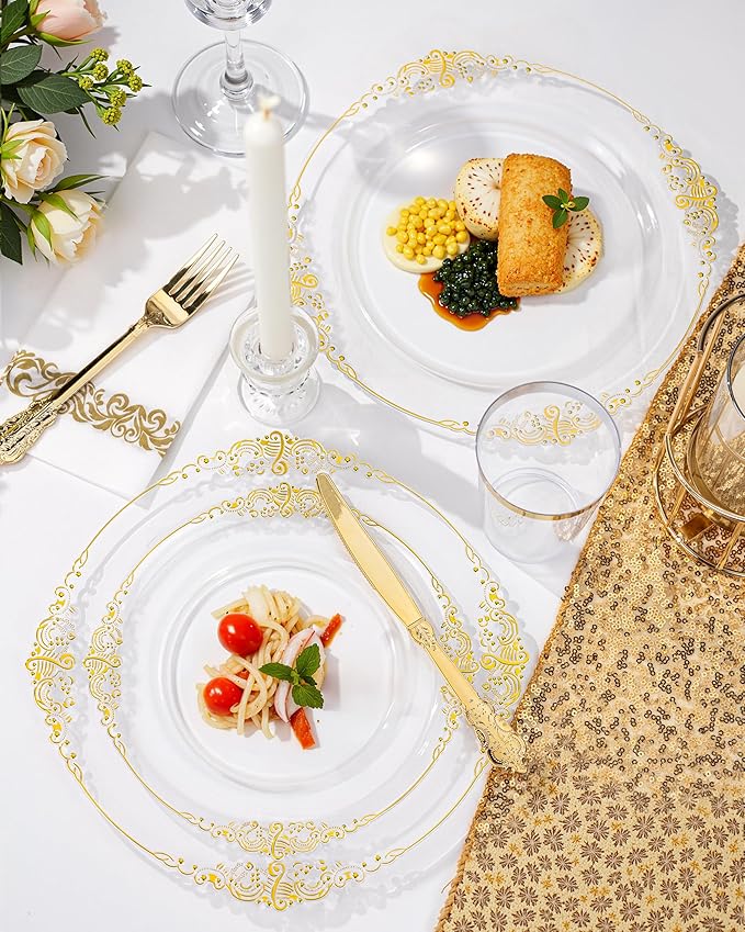 Nervure 350Pcs Clear Gold Plastic Plates, Dinnerware Sets - Image 4