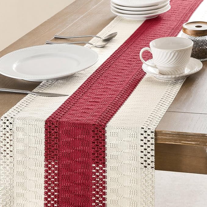 Macrame Style Bicolor Stitching Table Runner 14x48in Red | Woven Boho Table - Image 4