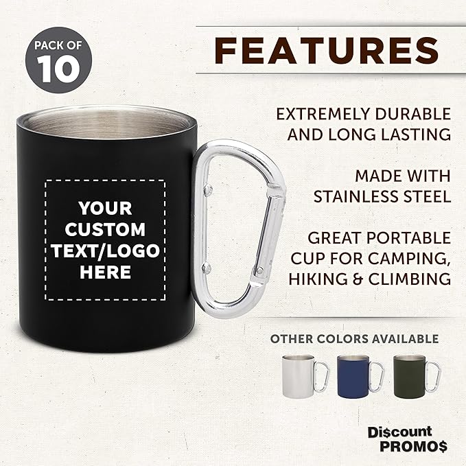 Custom Stainless Steel Mugs with Carabiner Handle 10 oz. Set of 10, Personalized Bulk Pack - Perfect for Coffee, Soda, Other Hot & Cold Beverages - Black
