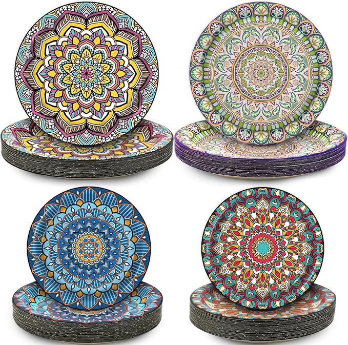 100PCS Boho Paper Plates 7Inch & 9Inch, Vintage Bohemian Disposable Dinnerware Plates for Birthday Gatherings Holiday Favor Baby Shower Party Supplies,50 Guests(Blue,Green,Red,Pink)