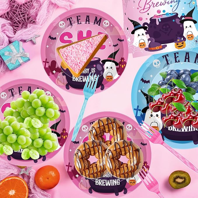 96 Pcs Halloween Gender Reveal Decorations, Baby Is Brewing Tableware Set | - Image 7