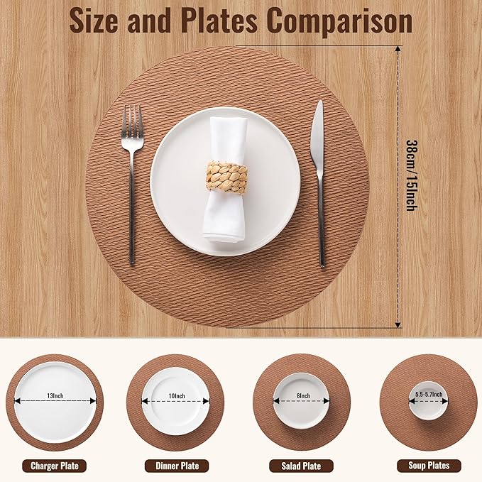 Jovono 15" Faux Leather Big Round Placemats Set of 4 - Washable Heat Resistant Non-Slip Dining Table Mats with Fabric Texture for Kitchen Home Party Decor, Brown