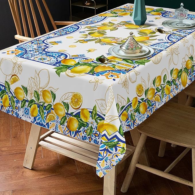 Lemon Tablecloth 60 x 84 Inch Rectangle, Yellow and Blue Mediterranean Summer Decor Tile Flower Pattern Table Cloth Italian Themed Decor for Party Oblong Table Cover for Dining Room