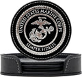 USMC Leather Coaster Set - 4 Premium Coasters with Hot Stamped Foil US Marines EGA Logo - Marine Corps Gift | USMC Leather Coasters