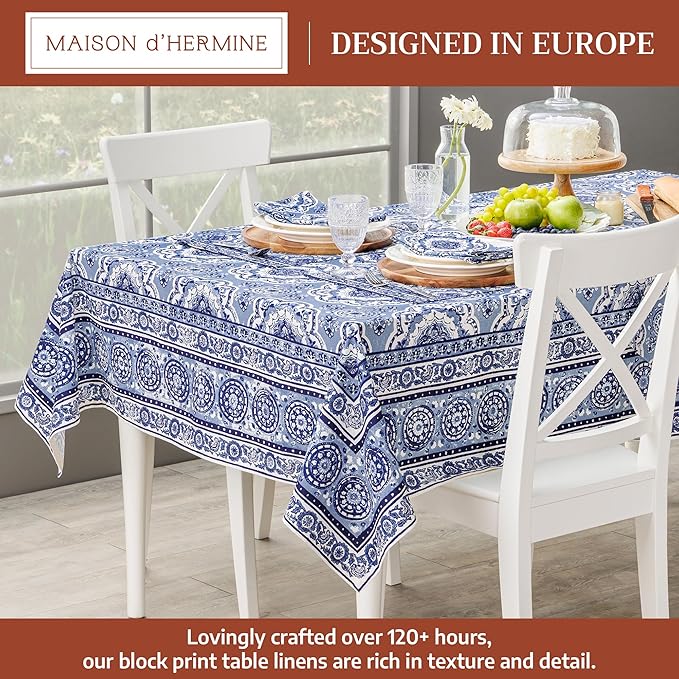 Maison d' Hermine Table Cloth Rectangle Table 100% Cotton 70 x 90 Inches Tablecloth Reusable Decorative for Dining Room Farmhouse Home Valentines Day Decorations Spring Summer - Melodie Bleue