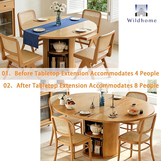 Extendable Round/Oval Dining Table Seats 2-4-6, 59" Modern Farmhouse Design with 2-Tier Storage & Fluted Slide Door, Dining Room Kitchen Furniture (Oak, 59 inches)