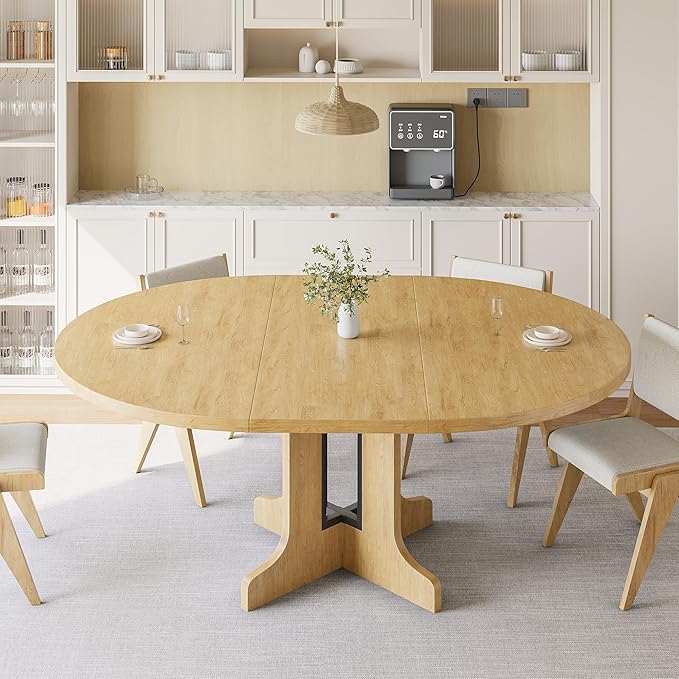 iPormis 59" Round Extendable Dining Table for 4-6, Modern Kitchen Table with Heavy Duty Pedestal Base & Wooden Top, Oval Dining Room Table for Dining Living Room, Easy Assembly, Oak