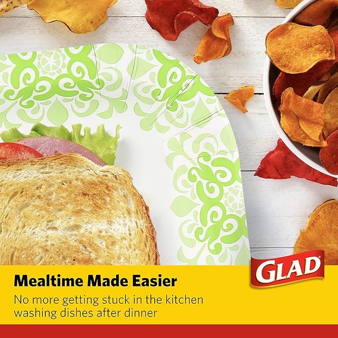 Glad Square Disposable Paper Plates, Green Victorian Pattern - Strong, Sturdy, Soak Proof, and Microwavable Decorative Plates for Dinner and Everyday Use, 10 Inch, 50 Count