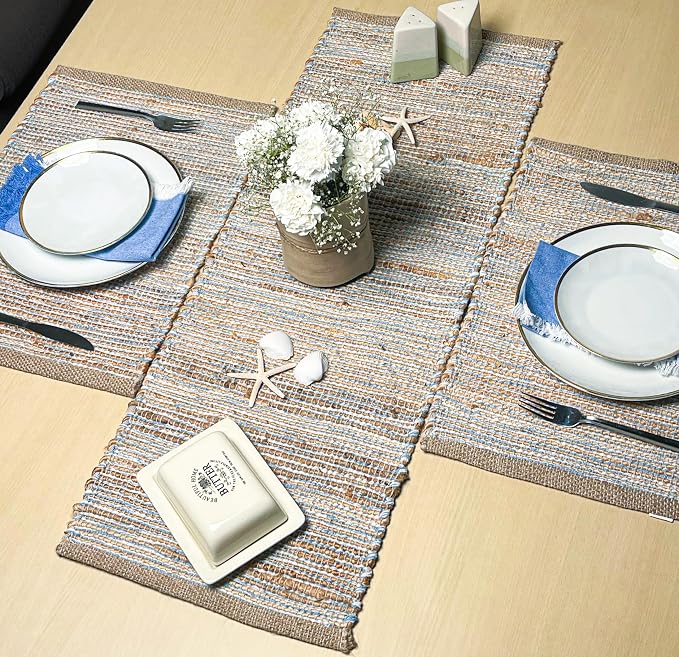 Natural Jute Table Runner, 13x36 Inch, Sky Blue-White | Vintage Boho Rustic - Image 8