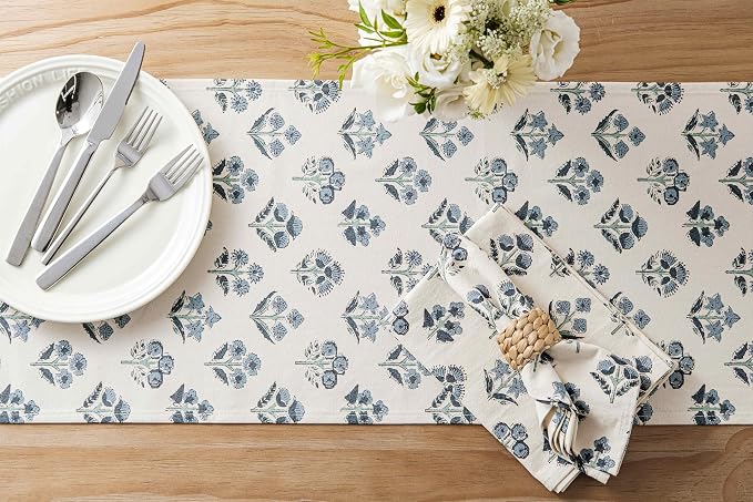 Block Print Floral Decorative Table Runners, 13x60 Inch Dusty Blue | 100% - Image 4