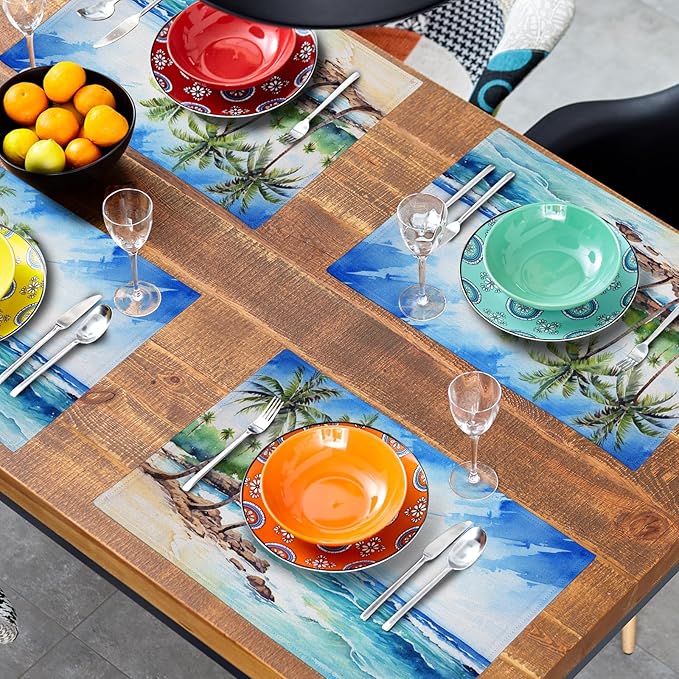 Beach Placemats Set of 4 - Palm Tree Place Mat 12x18 Inch Summer Sea Coastal Table Mat for Party Kitchen Dining Home Holiday Party Decor