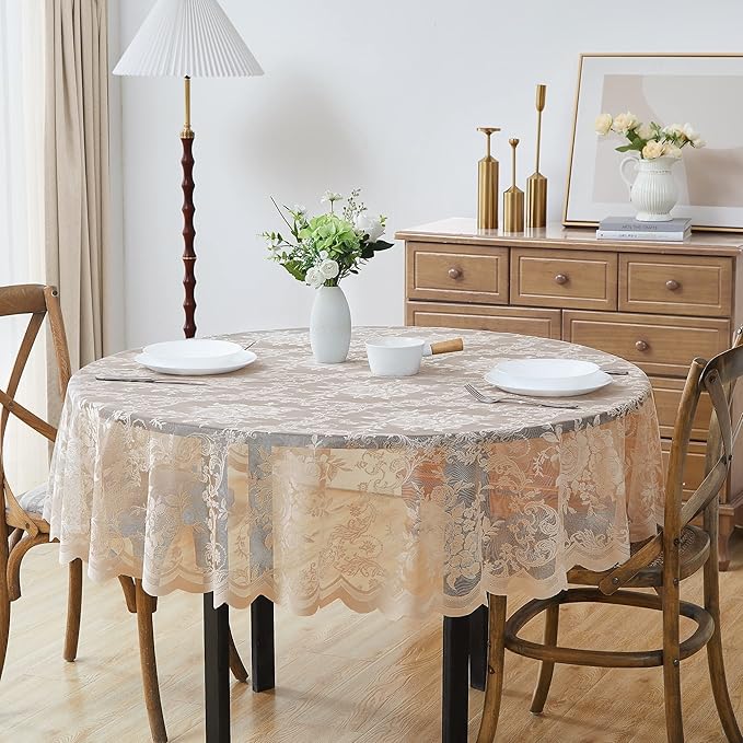 Warm Home Designs 120 Inch Round Tablecloth with English Rose Design. Use as Circle, Rustic, Elegant Lace Table Cloth. Linen Gold Table Cloth for 10-12 Guests. LTC Linen 120