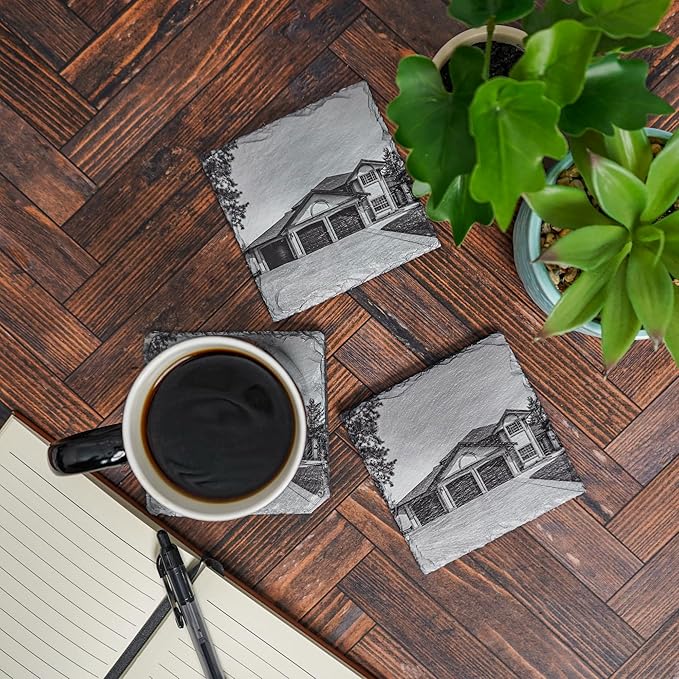 Blue Ridge Mountain Gifts - Custom Coasters Printed with Your Home, Closing Gift for Clients, Custom Gift from Realtor, New Home Gift, First House, Personalized Slate Square Coasters