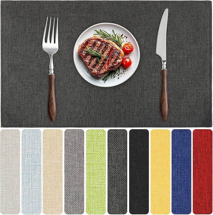 Blue Forest Placemats Set of 6, Dual-Layered Thickened Faux Linen Table Mats Heat Resistant Machine Washable Wrinkle Free Place Mats for Kitchen Dining Outdoor/Indoor (Dark Green)