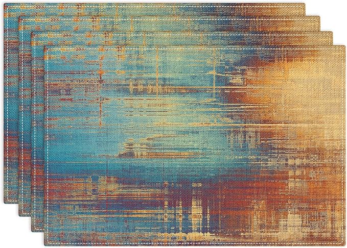Emvency Farmhouse Placemats Set of 4, 12x18 Inch Blue and Orange Vintage Abstract Messy Rust Painting Table Mats for Outdoor Home Party Kitchen Dining Decoration