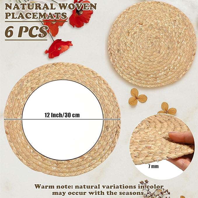 Kochorie Set of 6 Round Woven Placemats 12-Inch Natural Water Hyacinth Plant Placemats Hand-Woven Boho Rattan Placemat Wicker Weave Table Mats for Home Dinner Plates Holiday Supplies