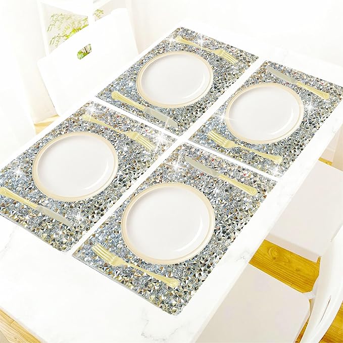 Silver Diamond Rhinestone Encrusted Square Placemats - Set of 2