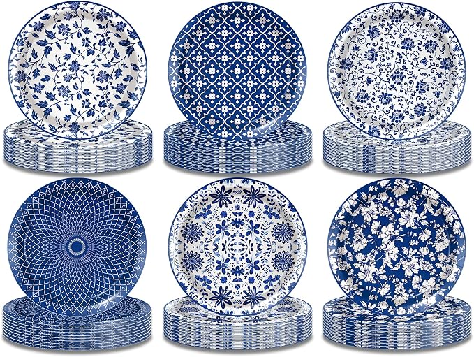 48 Pcs Blue and White Floral Party Paper Plates -7 Inch Disposable Vintage by OXYLIPO