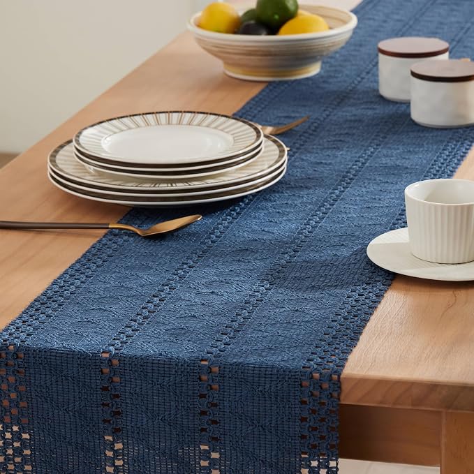 Macrame Style Boho Table Runner, 12x60 Inch Dusty Blue | Woven Boho Table Runner - Image 5