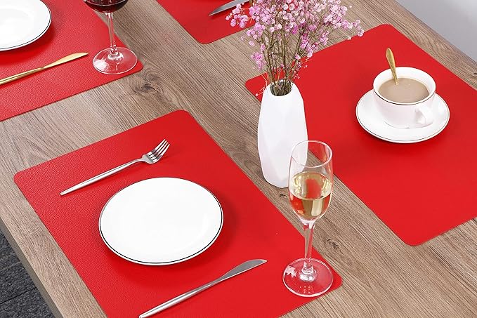 Wipeable Placemats Leather Table Mats Waterproof Heat-Resistant Easy to Clean for Dining Table Set Kitchen Table (2, Red)