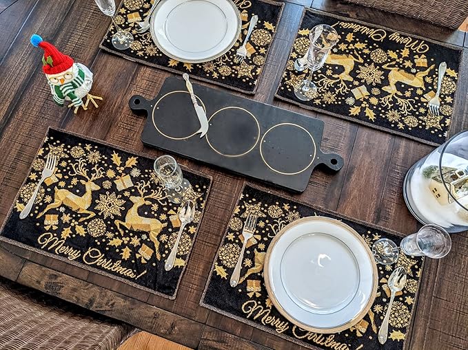 DaDa Bedding Set of 4-Pieces Magical Golden Reindeer Tapestry Placemats - Starry Winter Snowflake Festive Merry Christmas Holiday Yellow & Black - Needle Stitched Woven Table Mats - 13” x 19”