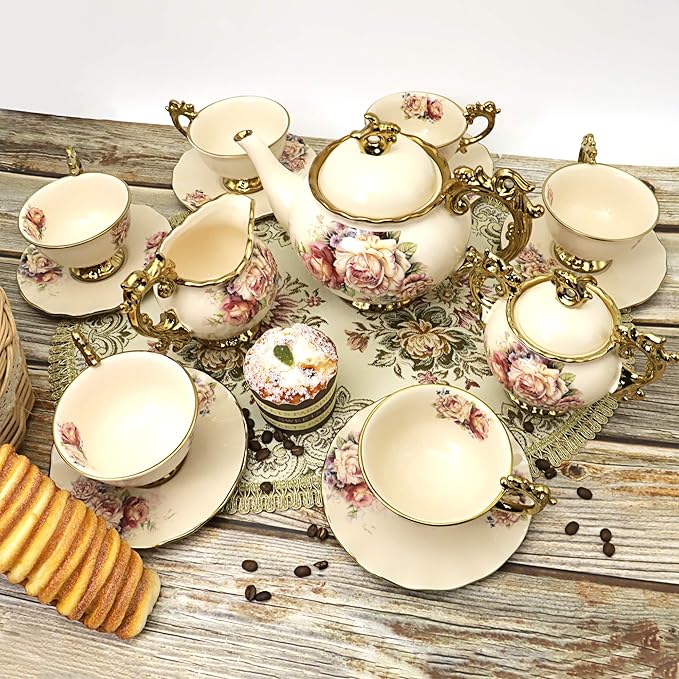 fanquare 15 Pieces British Porcelain Tea Set, Floral Vintage China Coffee Set - Image 2