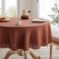 Linen Tablecloth with Tassels, Farmhouse Style Terracota Tablecloth, Water Resistant Burlap Tablecloths for Round Table, 52 Inch Round Terracota