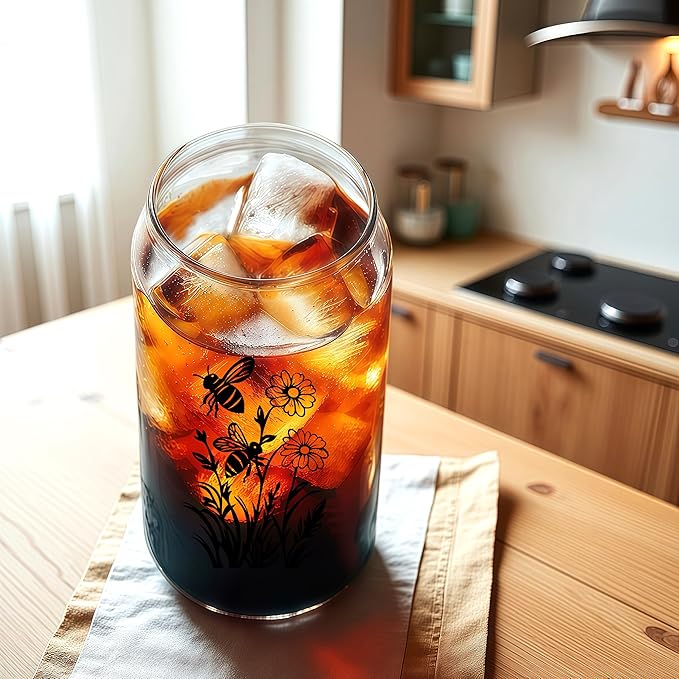 Cute Bee Glass Cup With Lids And Straws, Bee Gift For Women, Iced, Coffee, Smoothie, Cocktail, Beer, Whiskey, Soda, Matcha,16 Oz, Home Office Table Desk Decoration!