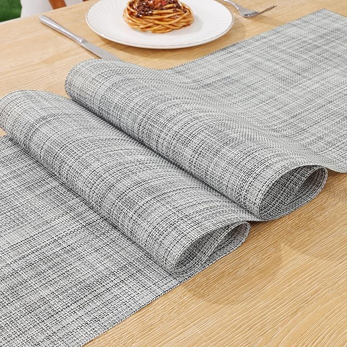 SHACOS Woven Vinyl Table Runners 12 x 54 inch Wipe Clean PVC Weave Table Runners Heat Resistant Runner for Table Indoor Outdoor, Gray White