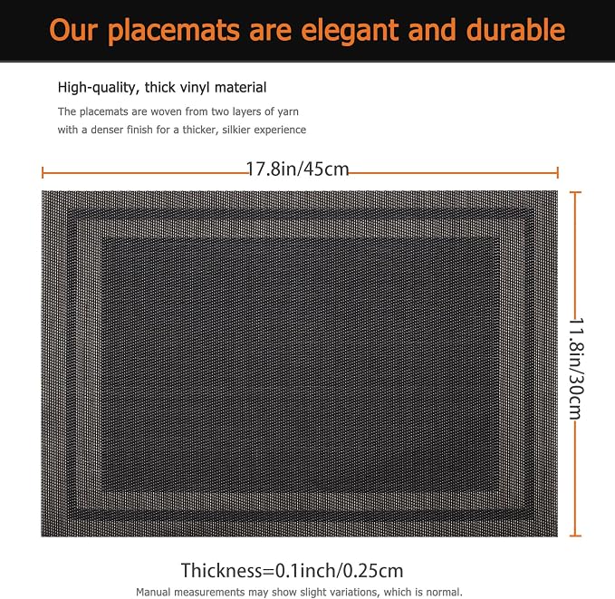 Black Gold Vinyl Placemats Set of 6, Heat Resistant Table Placemats | 18x12 - Image 3