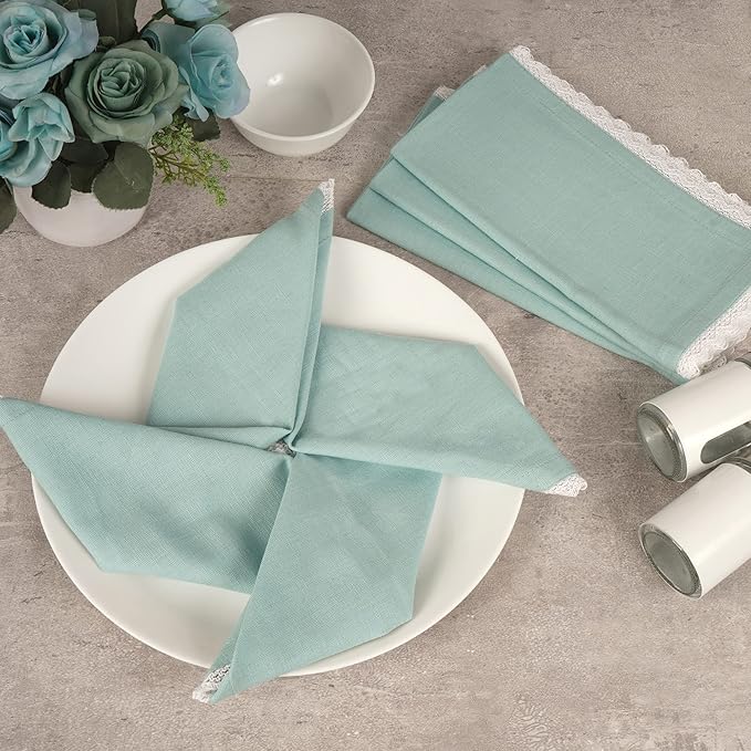 Fingercraft Dinner Cloth Napkin Cotton Linen Set of 12 Mitered Corners with Natural Elegant Lace for Everyday Use Napkins are Pre Shrunk and Good Absorbency with Lace 20x20 in Aqua
