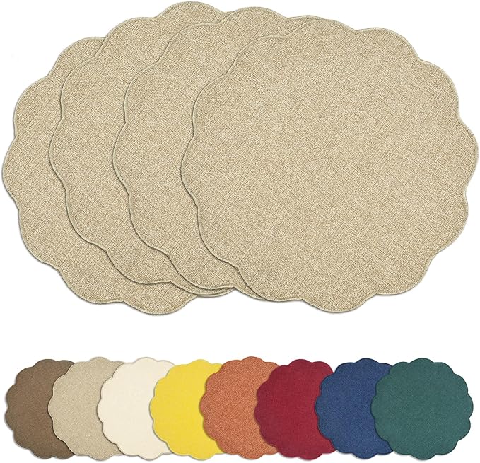 AHHFSMEI Round Faux Linen Placemats Set of 4 Waterproof Table Mats Heat Resistant Non-Slip and Stain Proof for Kitchen Dining Elegant Decor (Linen Beige,4)