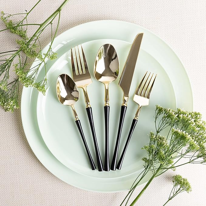 PlasticPro 20 Count Gold and Black Plastic Salad Forks Premium Quality Heavy Duty Disposable Elegant Silverware Two Tone Salad Forks for Party