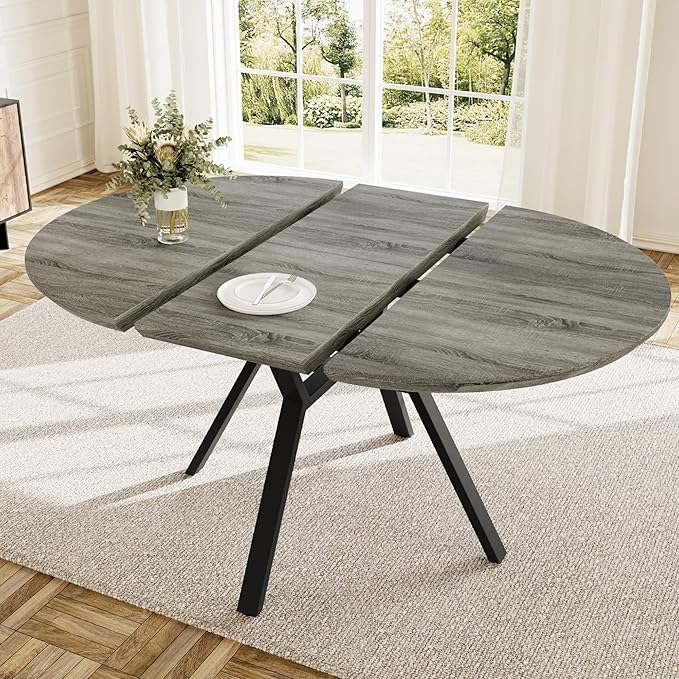 43.3"-59.1" Extendable Round Dining Table for 4-6 People, Modern Kitchen Oval Dining Table with Flexible Leaves Space Saving, Metal Base for Kitchen Dining Room (Grey)