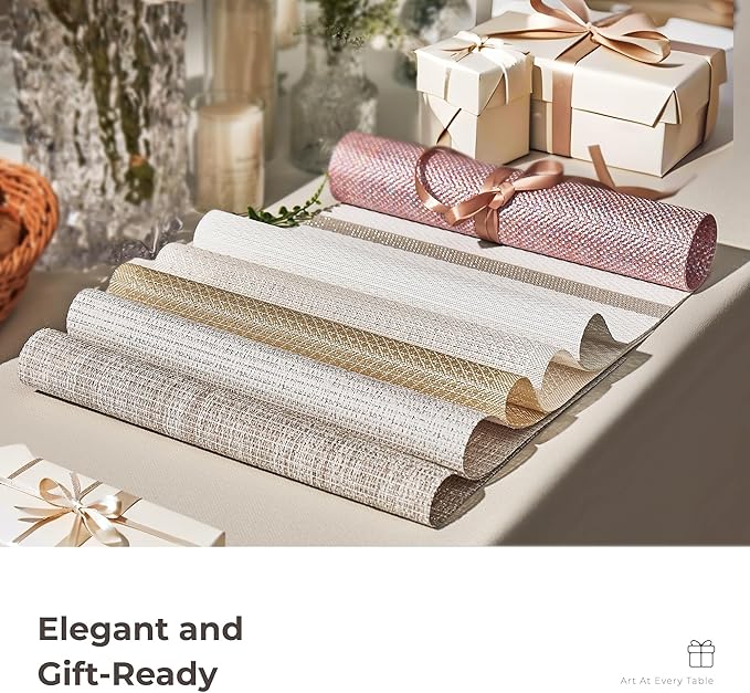 Leetaltree Luxury White and Silver Woven Placemats Set of 6 - Waterproof Washable Textured Table Mats for Wedding, Anniversary, Daily Use - Sparkling Metallic Thread Table Decor - Hand-Cut