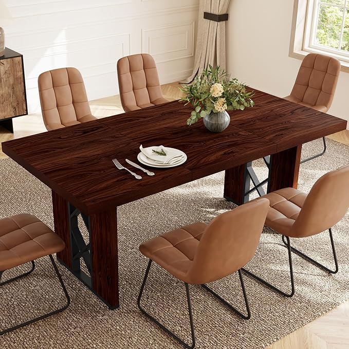 7-Piece Dining Table Set for 6 People, 70.8" MDF Kitchen Table with 6 Upholstered Chairs, Space-Saving for Dining Room, Breakfast Nook(Walnut Table+6 Brown Chairs)