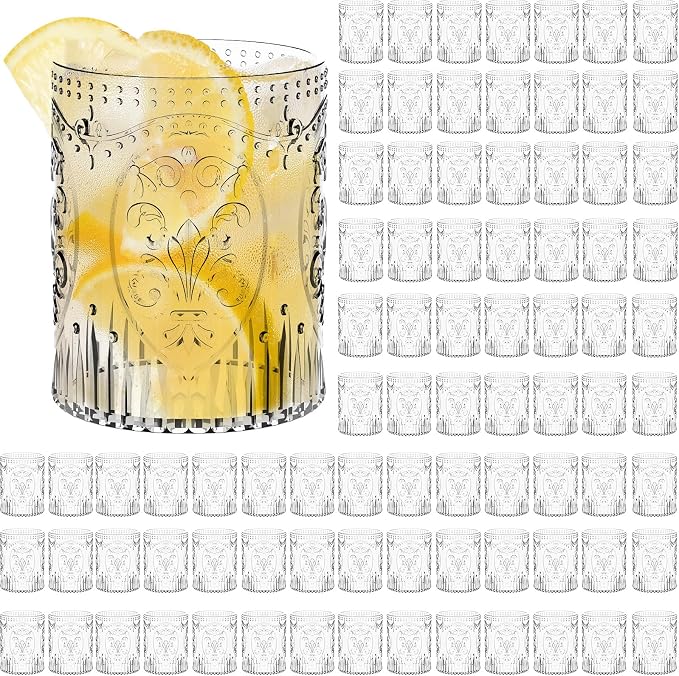 Qinyoung 100 Plastic Vintage Drinking Glasses 8.5oz Stemless Retro Embossed by Qinyoung