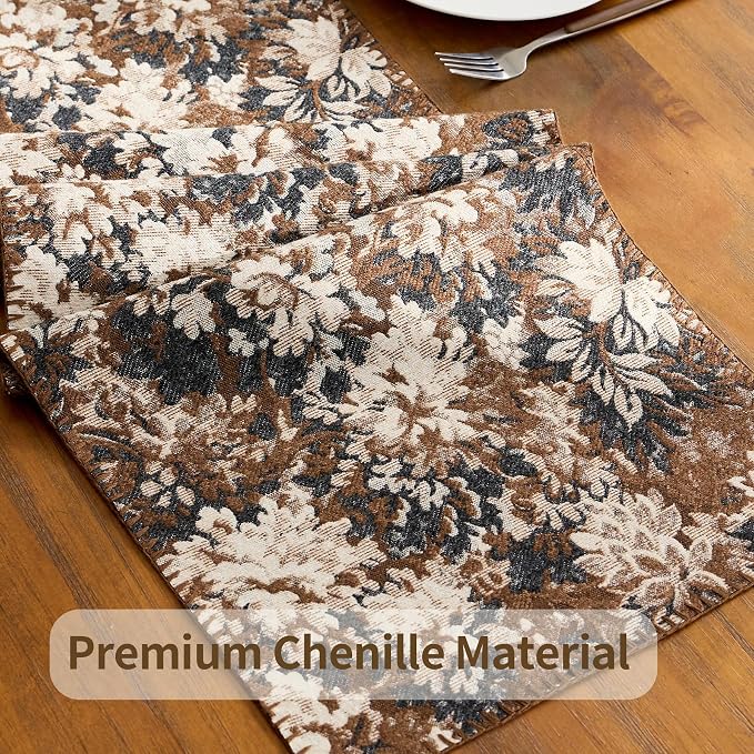 ORTIGIA Vintage Floral Table Runner, Boho Chenille Coffee Brown Farmhouse - Image 5