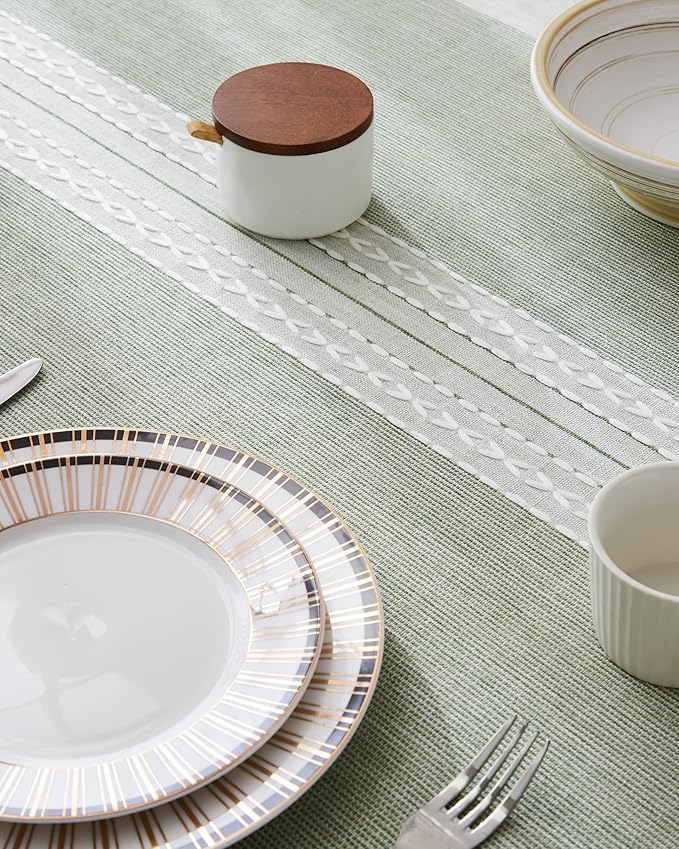 ZeeMart Contrast Linen Table Cloth Square Table Cloths 52x52 Inch Mid-Stripe Green, Farmhouse Style Heavy Weight Sage Green Tablecloth, Water Resistant Burlap Tablecloths