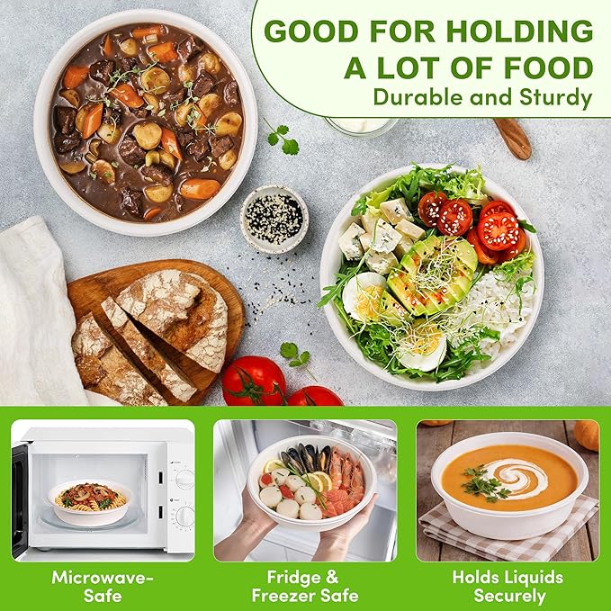 70oz Extra Large Disposable Sugarcane Fiber Paper Bowl, Heavy-Duty Round Serving Bowl for Soups, Pasta & Saucy Dishes, Eco-Friendly Tableware for Restaurants & Catering