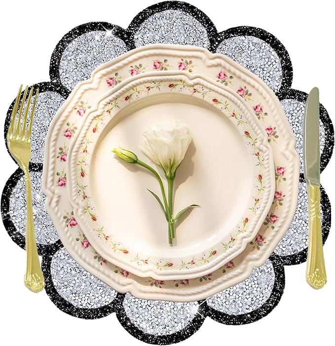 Washable Waterproof Diamond Circle Placemats for Round Tablescape Decor for Dinner and Kitchen Bling Placemats for Weddings & Special Events -4 PCS (Silver and Black)