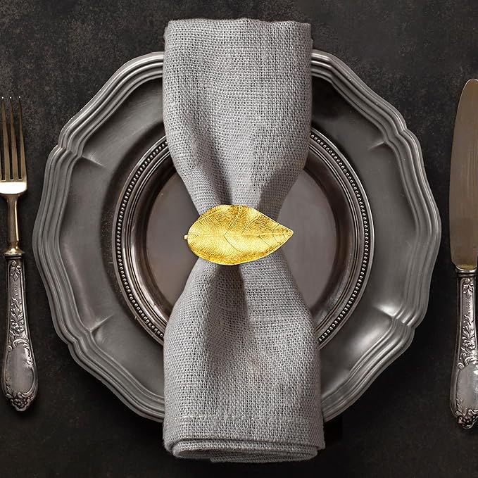 Decozen Set of 4 Gold Napkin Rings in Leaf Design, Festive, Table Decor Setting for Holiday, Wedding, Birthday, Kitchen, Home Decor, Housewarming Gift - Mothers Day Decorations