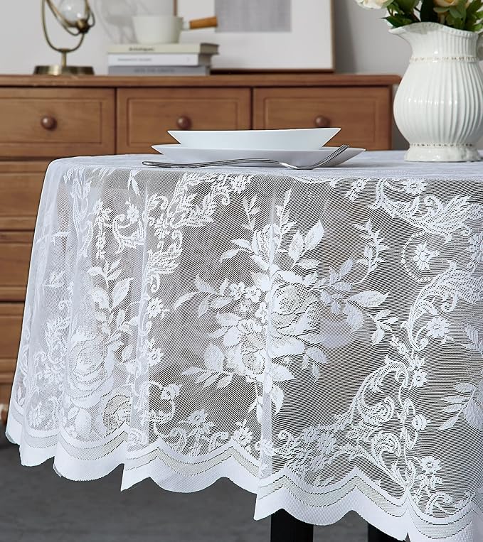Warm Home Designs 60 x 84 Lace Tablecloth. White Oval Tablecloth with English Rose Design. Oval Table Cloth, Rustic Tablecloth or Dining Table Cover for 6-8 Guests. LTC White Oval 84"