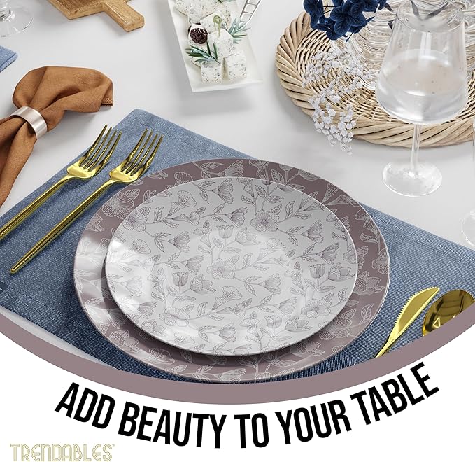 Trendables Disposable Dinnerware Decorative Plates Plastic Disposable Plates Set For 20 Guests 20 x 8 Inch Dessert Plate & 20 x 10 Inch Wedding Party Plate Set Blossom Circle
