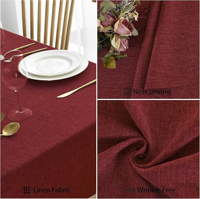 JIUZHEN Red Faux Linen Farmhouse Tablecloth Rectangular, Wrinkle Stain Resistant Table Cloth Rectangle Tablecloth Table Cover for Kitchen Dining, 54 x 108 Inch