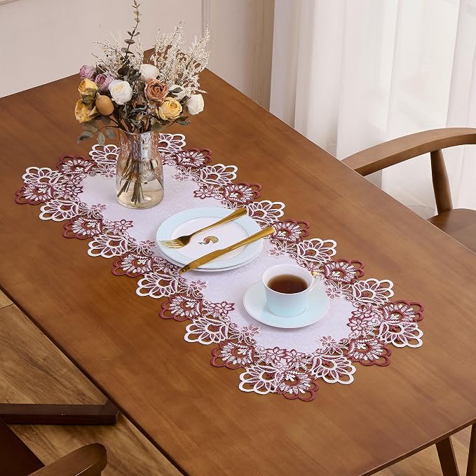 White Burgundy Jacquard Lace Table Runner 72 inches Dresser Scarf | French - Image 4